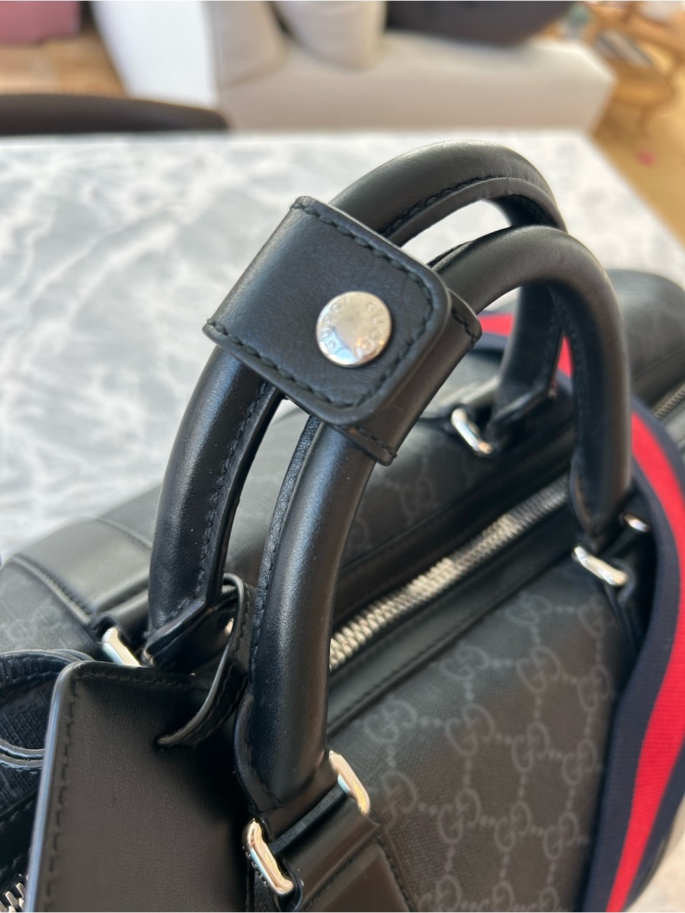 Gucci Black GG Supreme Duffel with Red and Navy Web Strap - Picture 4 of 15